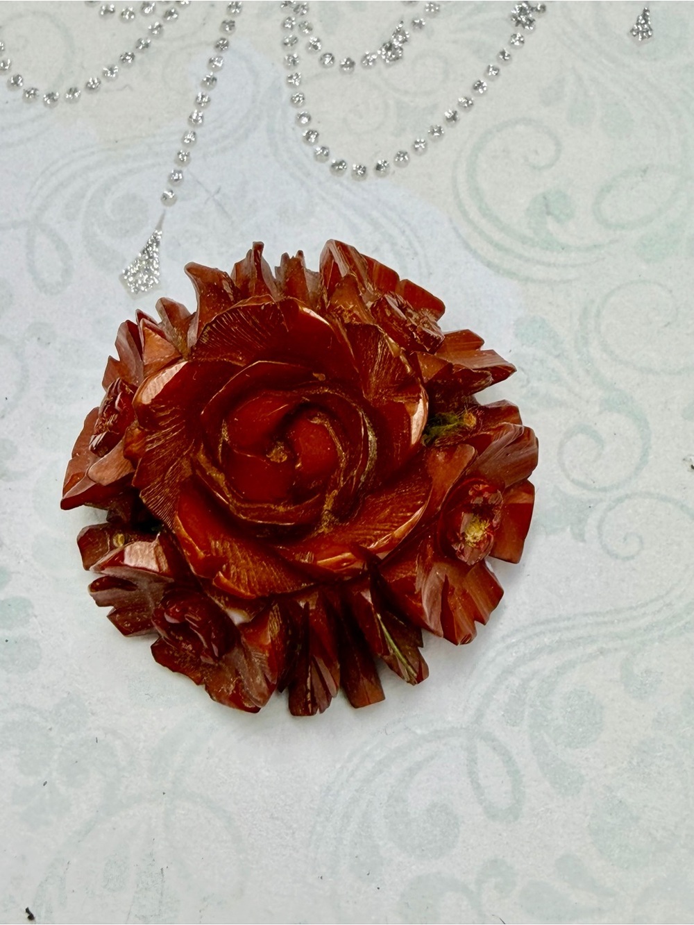 Antique Bakelite Hand Carved Floral Pendant
